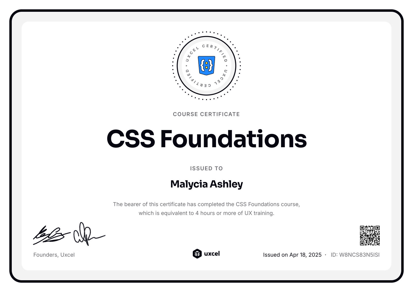 Malycia Ashley's certificate